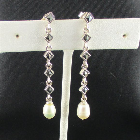 Marcasite & Pearl Sterling Silver Earrings - Picture 2 of 3